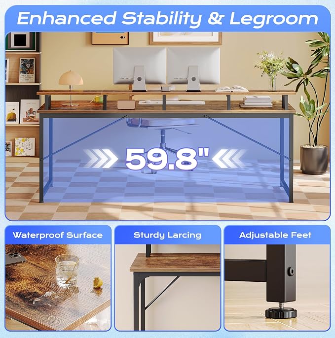 PRAISUN 63 inch Gaming Desk, LED & Outlets, Monitor Stand, Rustic Brown | Sturdy PC Desk for Home Office, Study & Work, LED Lights, 4 AC Outlets & USB-C Charging Station