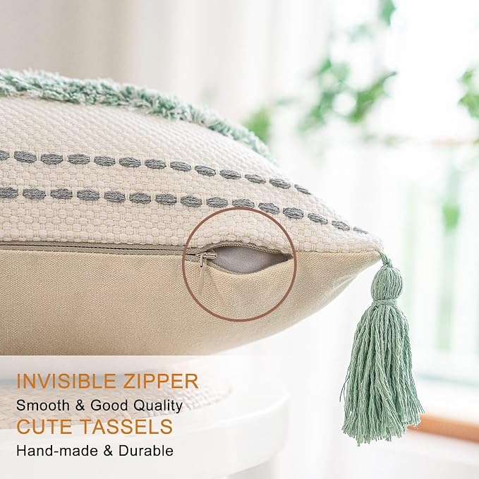 BUIOVBEY Boho Throw Pillow Covers Woven Tufted Pillow Cases with Tassels | Farmhouse Pillow Covers 18x18 Set of 2 Textured Striped Cushion Case Neutral Decorative Pillowcase for Sofa Couch Light Green