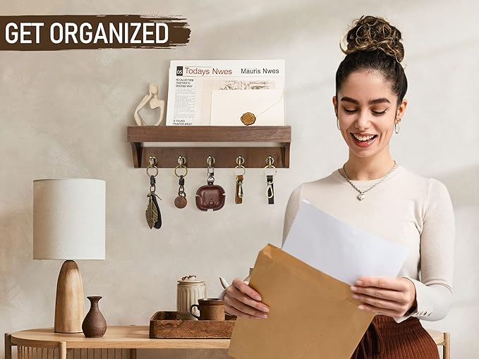 Rebee Vision Farmhouse Key Holder for Wall - Decorative Wooden Mail Organizer with 5 Rustic Key Hooks and Floating Shelf for Home Decor, Hallway, Entryway, Appartment (Retro Brown)