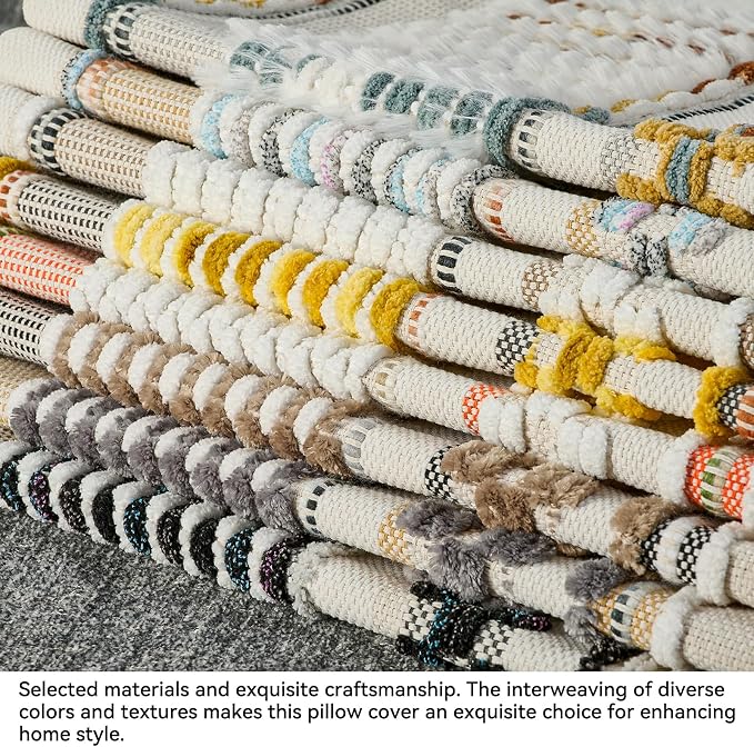 Chenille Striped Textured Boho Throw Pillow Covers Aesthetic with Tassels Woven Decorative Pillow Case for Couch Bed Sofa Bedroom Modern Funky 18 x 18-Inch White Multicolor