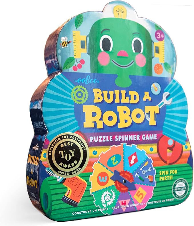 eeBoo Build a Robot Spinner Game, Matching Game, Ages 3+, 2-4 Players | Introduces early number recognition & imaginative play. Includes spinner & robot building pieces. 15-30 min game