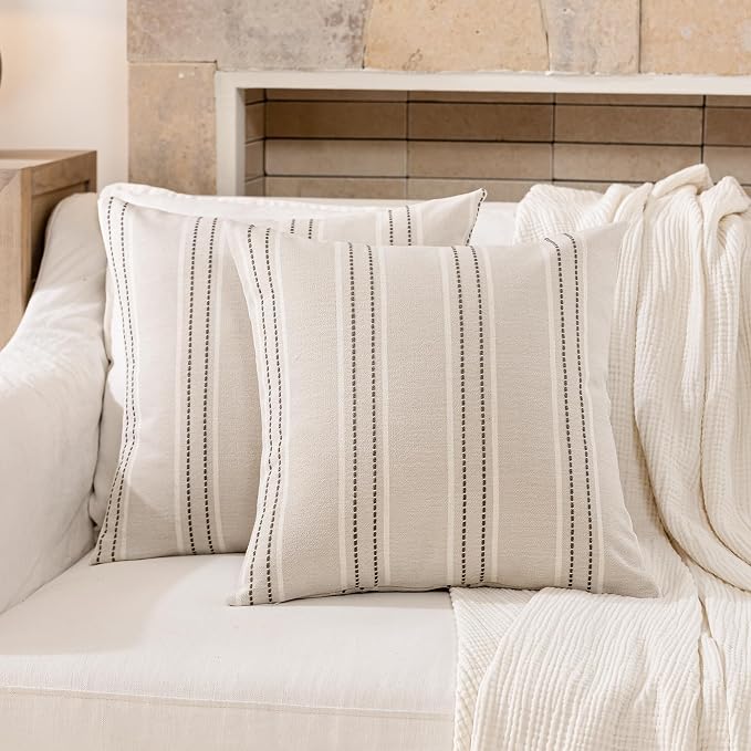 Hckot Striped Throw Pillow Covers 20x20 Set of 2 Charcoal Pillow Covers | Farmhouse Decorative Pillows Textured Linen Square Cushion Covers for Sofa Couch Bed Living Room Decor