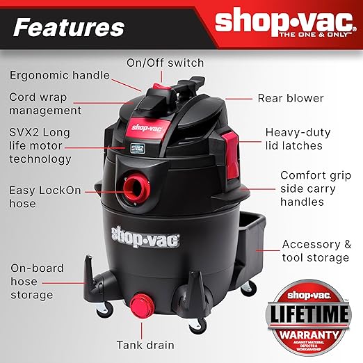 Shop-Vac 5801411 14-Gallon Wet/Dry Shop Vacuum, 5.5 Peak HP, 2.5 Inch Diameter x 7 Foot Hose, 20 Foot Cord, Ideal for Home, Garage, and Workshop Cleaning