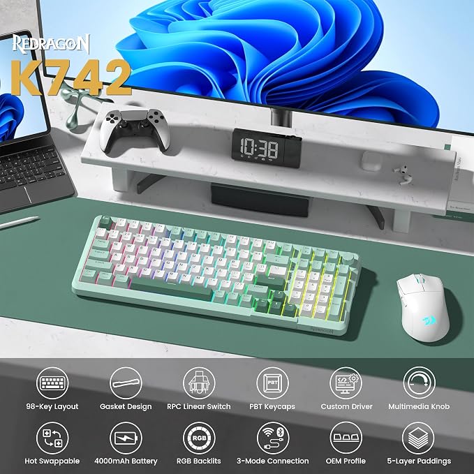 Redragon K742 Bluetooth Wireless Mechanical Gaming Keyboard with Knob | BT5.0/2.4GHz/USB C Creamy Keyboard with Number Pad for PC Computer, RGB Backlits, Hot-Swappable with Linear Switches (Green)