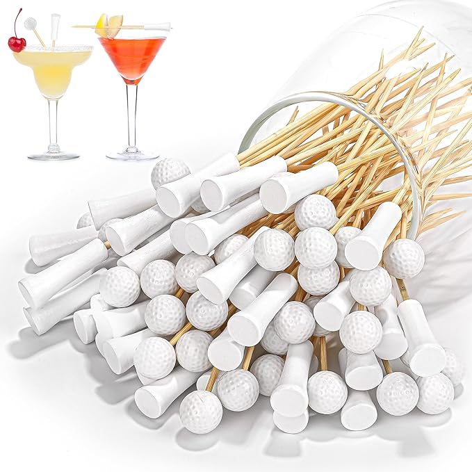 Aodaer 200 Pieces Golf Tee Cocktail Picks 4.72 Inch Golf Ball Toothpicks Disposable Bamboo Skewers Sports Themed Fruit Picks Decorative Toothpicks for Appetizers Sports Players Party Supplies Events