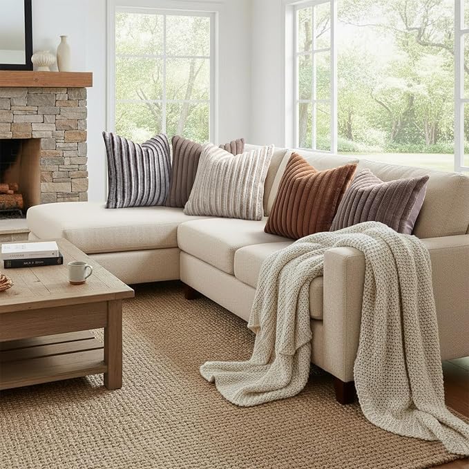 decorUhome Fall Faux Fur Throw Pillow Covers 16x16 Set of 2 Brown White | Decorative Soft Cozy Striped Plush Modern Farmhouse Boho Couch Pillow Cases Velvet Back for Sofa Bed Living Room Home Decor