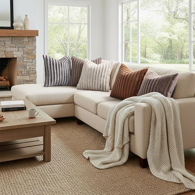 decorUhome Fall Faux Fur Throw Pillow Covers 24x24 Set of 2 Beige White | Decorative Soft Cozy Striped Plush Modern Farmhouse Boho Couch Pillow Cases Velvet Back for Sofa Bed Living Room Home Decor