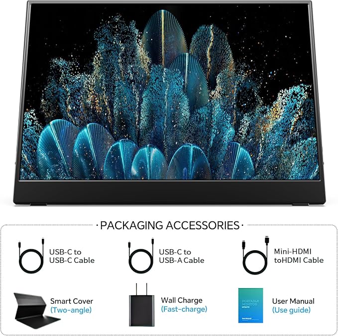 MNN 4K Portable Monitor 15.6" 3840x2160 UHD USB-C HDMI Laptop Monitor, 100% Adobe RGB IPS Computer Gaming Display HDR w/Speakers & Smart Cover,for Laptop Xbox PS5 Switch PC Phone | 15.6" 4K UHD IPS 100% Adobe RGB HDR, USB-C/HDMI, speakers+smart cover, ...