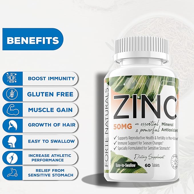Zinc 50mg, (100 Tablets), Specially Formulated for Sensitive Stomach, Immune Support, Skin & Hair, Vegan Zinc Supplement, Non-GMO Made in USA
