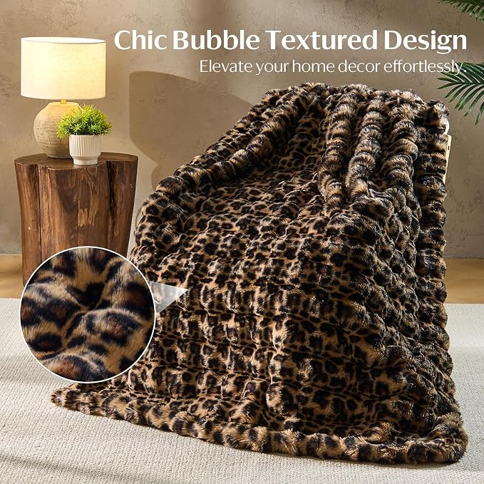 DOWNCOOL Faux Rabbit Fur Throw Blanket, Soft Fluffy Fuzzy Plush Bubble Blanket for Couch Sofa & Bed, Cozy Warm Luxury Fleece Minky Blanket, 60x80 Inches Leopard Print