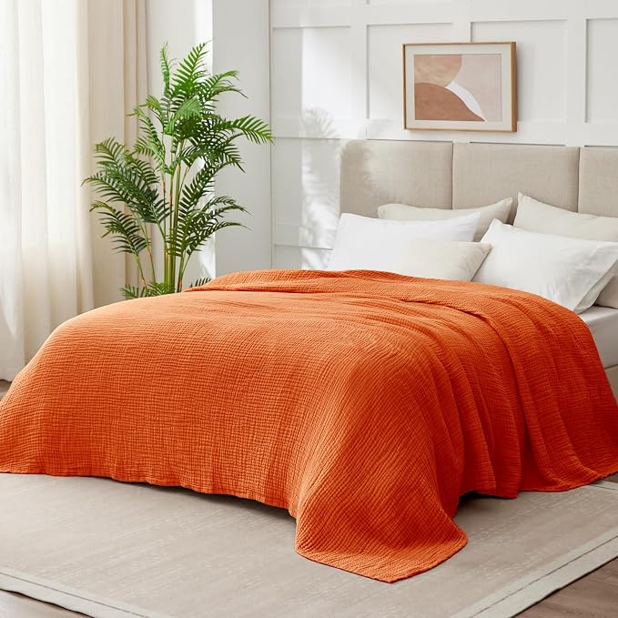 100% Cotton Muslin Blanket Twin 60" x 80", Breathable and Lightweight Cotton Twin Blankets for Couch, Soft Cooling Summer Gauze Blanket for Adults All Season, Burnt Orange