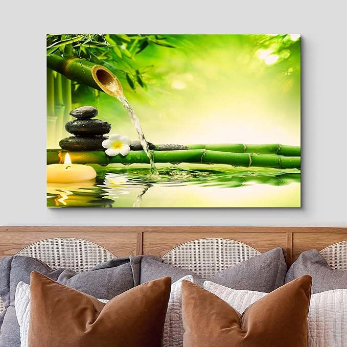 wall26 Canvas Print Wall Art Zen Green Bamboo Daisy Flower Massage Stone Spa Jungle Nature Wilderness Photography Realism Landscape Colorful Multicolor for Living Room, Bedroom, Bathroom - 24"x36"