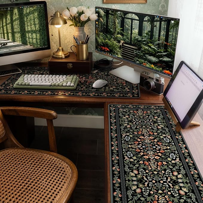 iCasso Floral Desk Mat,Mouse Pad for Office Decor,35.4x15.7in,Black | Back to School Desk Pad Mat, Anti-Slip Big Mousepad with Stitched Edges for Computer Desktop,Smooth Water-Resistant