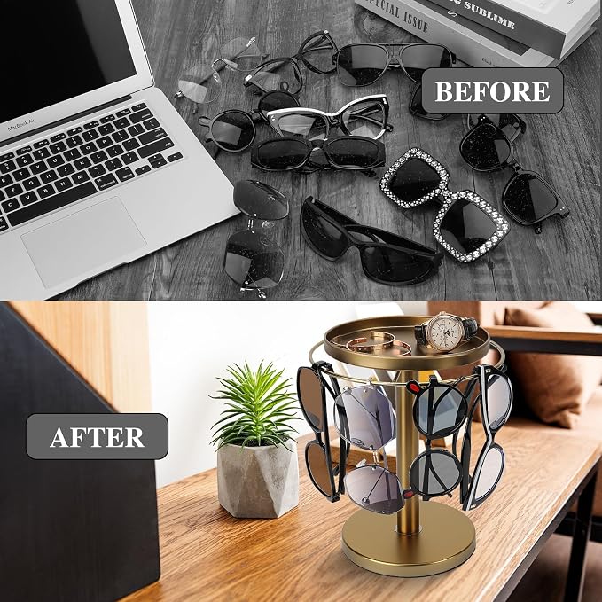 kondyfayo 360° Rotating Sunglass Organizer Storage, Stainless Steel Glasses Holder Stand, Glasses Organizer with Tray for Desk, Dresser, Tabletop, Nightstand and Home Decor (Gold) | Stainless Steel Stand with 360 Rotation Holds 9 to 12 Pairs. Top Tray ...