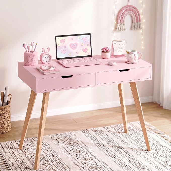 FOTOSOK White Computer Writing Desk with 2 Drawers, Small Desk Makeup Vanity Table Wood Desk with 4 Oak Legs, Modern Home Office Desk Console Study Table, Pink