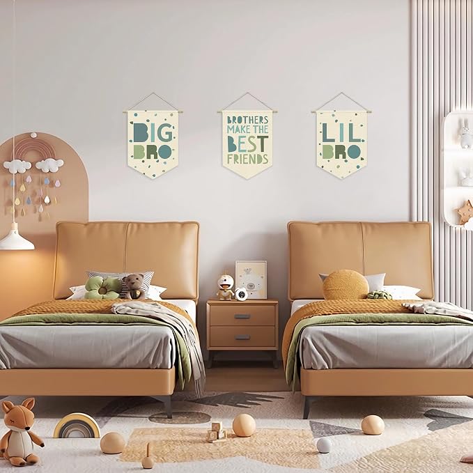 Big Brother Nursery Decor Canvas Banner,Boy Bedroom Playroom Wall Art Decorations,Boho Twin Room Sign,Big Bro Lil Bro, Sage Green Blue Kids Room Sibling Wall Hanging Pennant Flag Banner