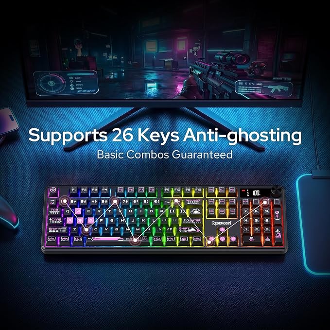 Redragon K526 PRO Wireless RGB Membrane Gaming Keyboard, LED Screen & Knob | See Battery, Mode & Time at a Glance, 0-Delay Tri-Mode, One-Touch Backlit & Media Adjust, 26-Key Anti-Ghost for Combo-Strike