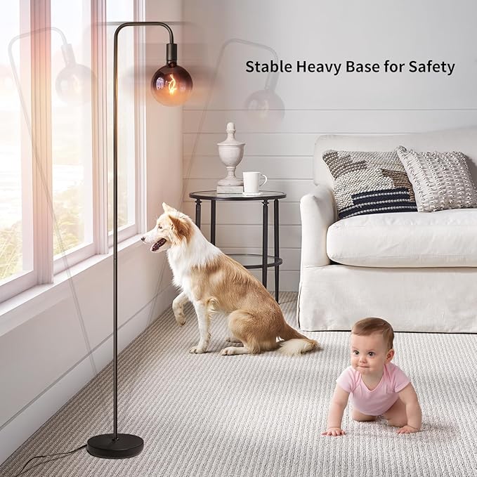 ONEWISH Floor Lamp for Living Room - Minimalist Industrial Standing Lamp with Modern LED Bulb, Globe Black Clear Glass 6", 1800K Warm Ambiant Lighting Decorative Tall Floor Lamp for Bedroom Office