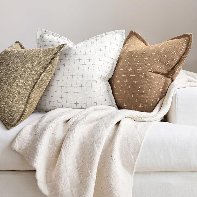 Throw Pillow Pillow Covers 22x22 Set of 2 Soft Polyester Textured Pillow Covers with Stylish Flange Edge Cozy Farmhouse Throw Pillows for Couch Bed Sofa Living Room Camel