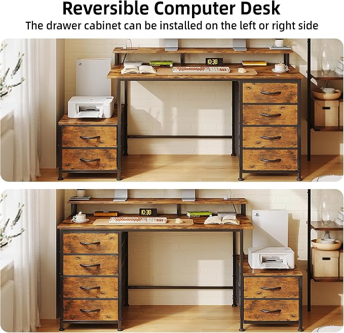 52 Inch Office Desk with 6 Drawers and Printer Space for Storage, Reversible Computer Desk with Monitor Stand & Power Outlets, Home Office Desks, Vintage