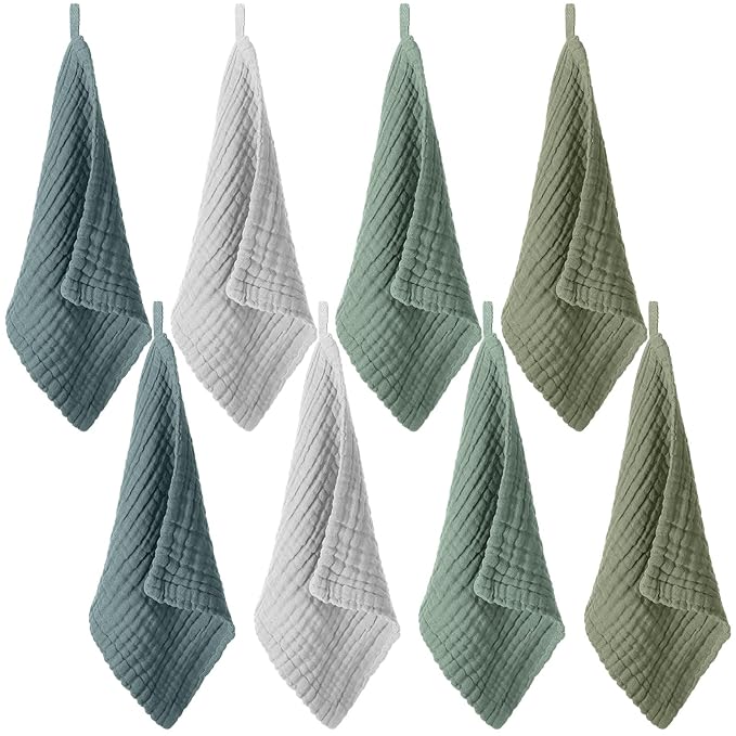 8 Pcs Baby Washcloths for Newborn 12 x 12 Inch Muslin Face Towels Cotton Absorbent for Delicate Skin Soft Muslin Cloth Reusable Baby Registry as Shower Gift, 4 Colors(Green Color)