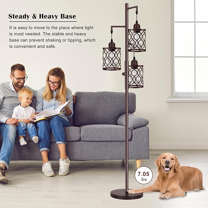 68" Farmhouse Floor lamp, Dimmable Industrial Floor Lamps for Living Room, 3 Light Rustic Standing Tall Lamp Including 3 PCS 6W E26 Bulbs, Tree Floor Lamp for Bedrooms Room, Office, Bar, Brown