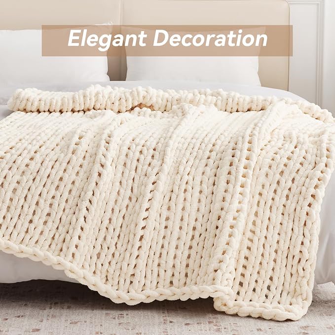 Negwoo Chunky Knit Throw Blanket, Knitted Throw Chenille Yarn, 40"*50" | Soft Thick Cable Knitted Blankets, Handmade Big Thick Blanket, Machine Washable Cute Comfy Blanket for Home Decor,Cream White
