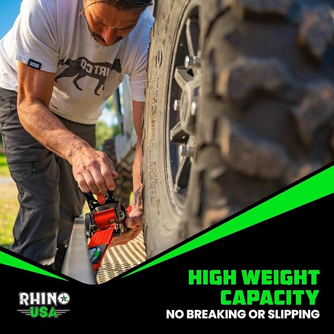 Rhino USA Retractable Ratchet Straps (4-Pack) - 2 Inch x 10 Feet (3,033lb Break Strength) - Heavy Duty Auto Self Retracting Tie Down Straps for Truck, Cargo Trailer, Motorcycle, Rad & More - Red