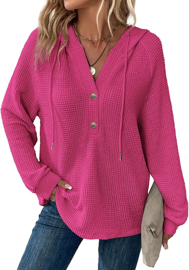 Dokotoo Hoodies for Women Waffle Knit Long Sleeve Drawstring Button V Neck Casual Sweatshirt Hooded Tops Fashion Clothing