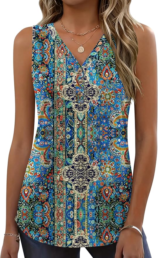 Zeagoo Tank Tops for Women 2026 Summer Top Henley Shirts Dressy Casual Loose Fit V-Neck Button Down Sleeveless Tshirt Blouse