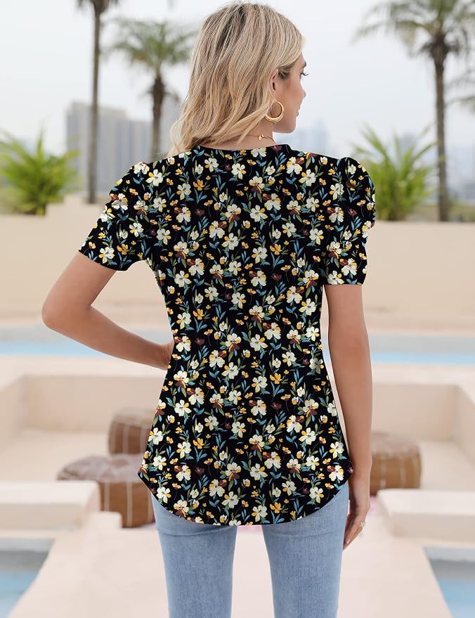 Ivicoer Puff Short Sleeve Shirt for Women Eyelet Tops Summer Crewneck Blouse Loose Fit S-XXL