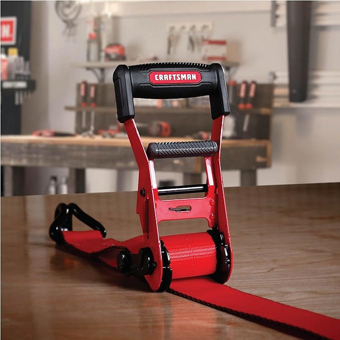 CRAFTSMAN CMXAZBS10000J Black/Red 2" x 27' Ratchet Tie Down Strap with Double J Hook - Heavyweight/Industrial Duty (10,000 lb Break Strength)
