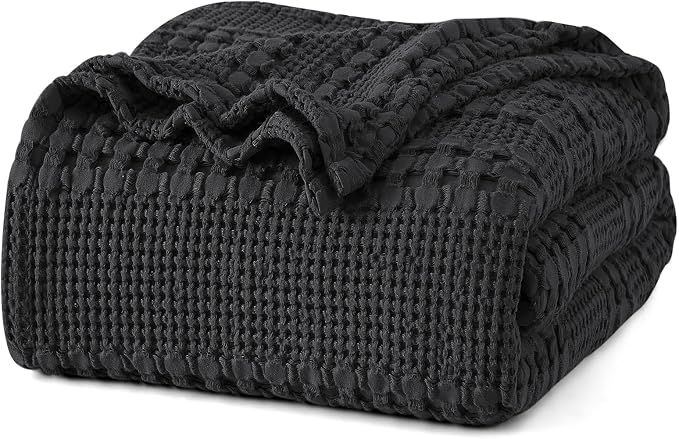 PHF 100% Cotton Waffle Weave Blanket King Size, Lightweight Breathable Summer Blanket for Hot Sleepers, Pre-Washed Soft Layer for Bed, Couch, Home Decor Gift, 108"x90", Black