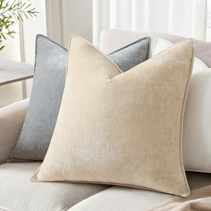 decorUhome Chenille Beige Velvet Throw Pillow Covers 24x24 Set of 2 | Fall Soft Euro Sham Couch Decorative Modern Farmhouse Pillow Cases with Elegant Design for Sofa Bed Living Room Home Decor