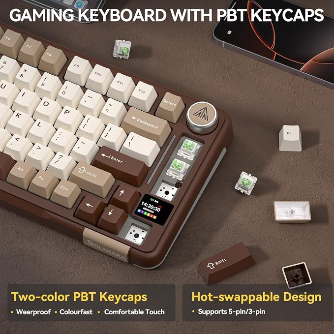SOLAKAKA A75 PRO 75% Wireless Mechanical Keyboard with Screen and Knob, Tri-Mode Hot Swappable Gaming Keyboard, RGB Backlit Gasket Creamy Pre-lubed PBT Computer Keyboard for PC/Mac/Win,Brown