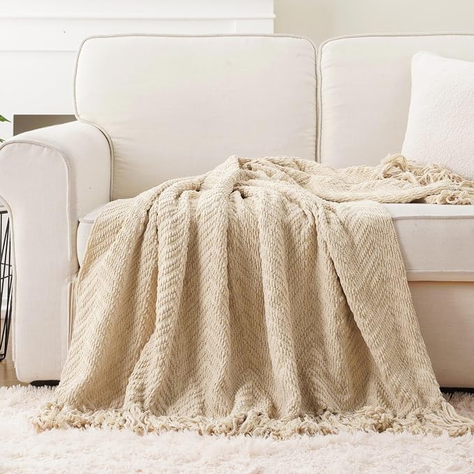 BATTILO HOME Beige Throw Blankets for Couch, Knitted Tan Throw Blanket for Twin Bed, Super Soft Warm Large Throws for Home Decor, 60" x 80"