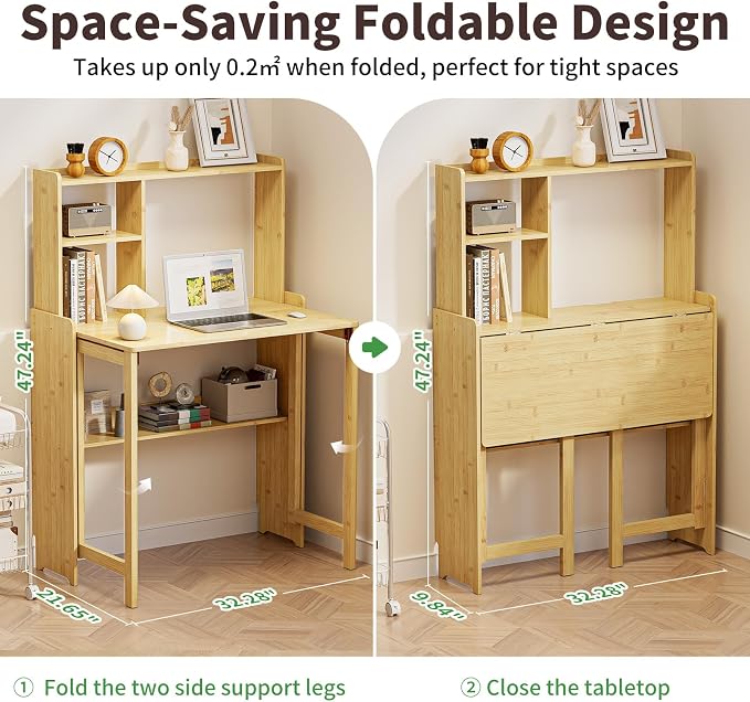 Folding Desk for Small Spaces, Bamboo Foldable Desk with Bookshelf, Natural | Small Computer Desk with Storage, Mid Century, Fold Out，Compact Size, for Bedroom, Living Room, Apartment, Home Office