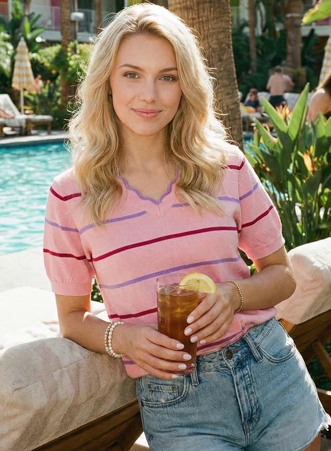 Dokotoo Womens Summer Short Sleeve Knit Tops 2026 Spring Trendy Casual V Neck Striped Sweater Blouses