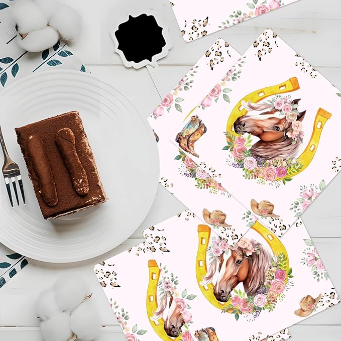 Horse Birthday Napkins Decorations for Girls, 50PCS Floral Cowgirl Party Napkins Decor, Disposable Western Horse Paper Napkins Set Supplies Size 6.5 Inch