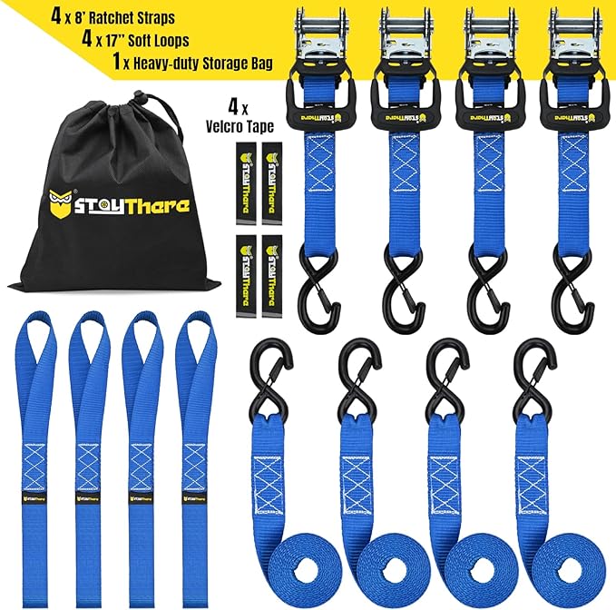 Stay There Heavy Duty Ratchet Tie Down Straps - 5208 Lbs Breaking Strength 1.6" x 8', Includes 4 Heavy Duty Ratchet Padded Handles – Coated Deep S-Hook & Carry Bag (Blue)