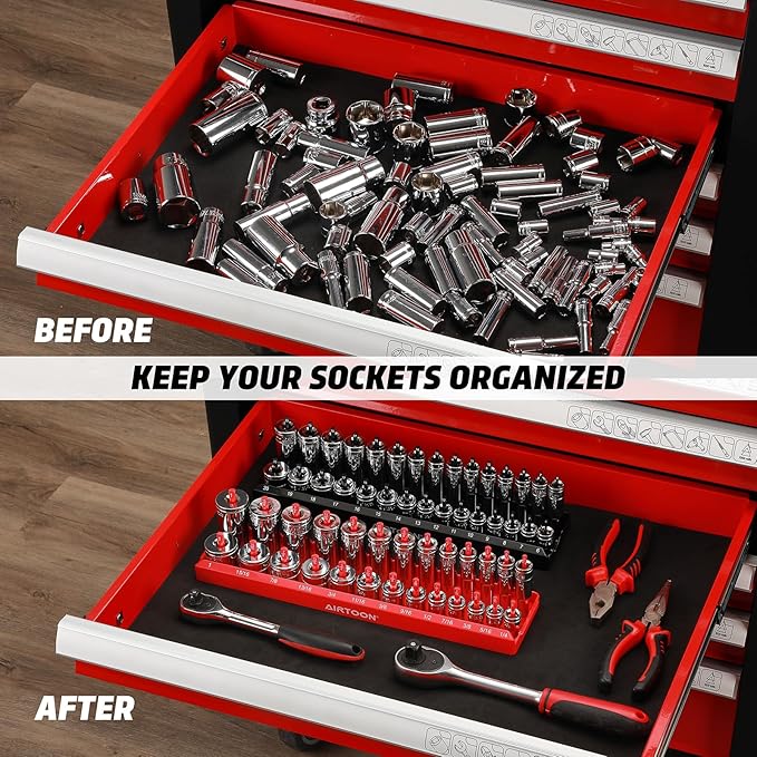 AIRTOON 3/8-Inch Drive Socket Organizer Trays, 2-Piece SAE and Metric Socket Tray Set, Deep and Standard Socket Holders Organizers for Toolbox, Black & Red
