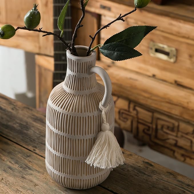 Mowtanco Farmhouse Vase with Handle and Tassel, Grey Yellow Vertical Stripes Design Clay Vase 10'' Tall - Ceramic Flower Vase for Rustic Home Decor, for Fireplace Kitchen Living Room Centerpieces