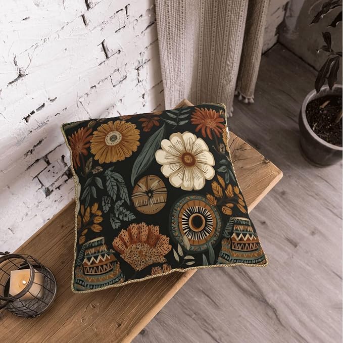 Vintage Boho Flower Velvet Pillow Covers 18x18 Inch Brown Green Retro Floral Throw Pillows for Couch Cushion Covers Pillowcase Bohemian Farmhouse Pillow Cases for Sofa Bed Living Room
