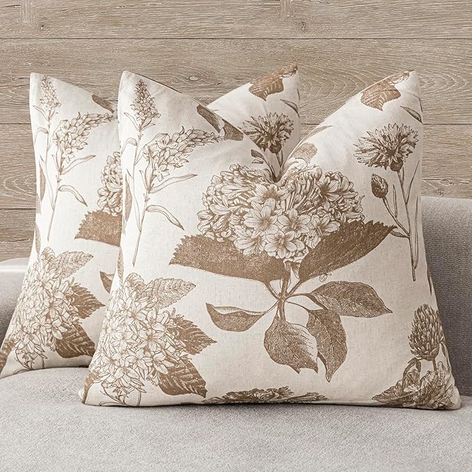 Foindtower Set of 2 Linen Floral Throw Pillow Covers Neutral Vintage Print Decorative Cushion Covers Farmhouse Boho Home Decor for Sofa Chair Couch Bedroom Living Room,24×24 Inch,Light Brown