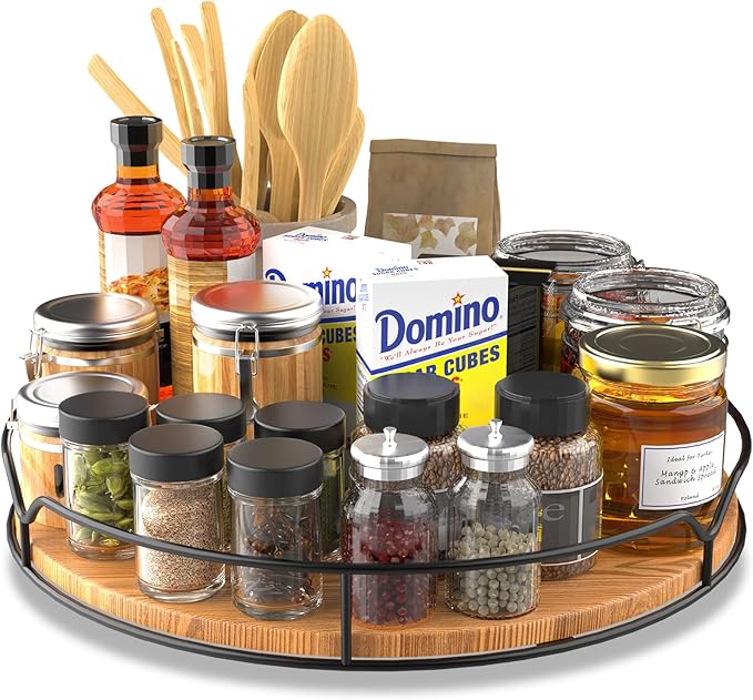 Lazy Susan Turntable Organizer with Anti-Slip Mat for Cabinet Pantry Kitchen Countertop Refrigerator Office, Pine Wood, 13", Carbonized Black