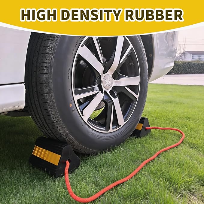 Wheel Chocks for RV Trailer 1 Pair with Rope & Reflective Strips Rubber Wheel Chocks Heavy Duty Tire Stopper for Camper, Truck, Car, Travel Trailer