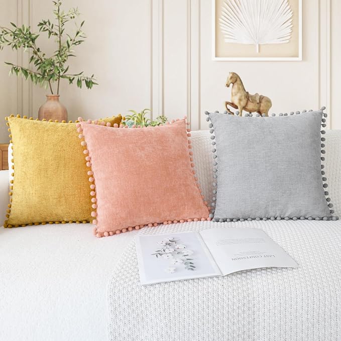 CaliTime Decorative Couch Throw Pillow Covers 18 X 18 Inches Dusty Pink | Pack of 2, Cozy Chenille Cushion Cases, with Pom Poms for Sofa Bed Living Room Farmhouse Home