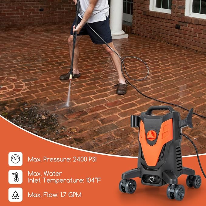 Goplus Electric Pressure Washer, 2400 PSI 1.7 GPM High Pressure Power Washer w/4 Quick Nozzles & Universal Wheels, Portable Pressure Washer IPX5 Car Wash Machine, Cleaning Garden Car Floor (Orange)