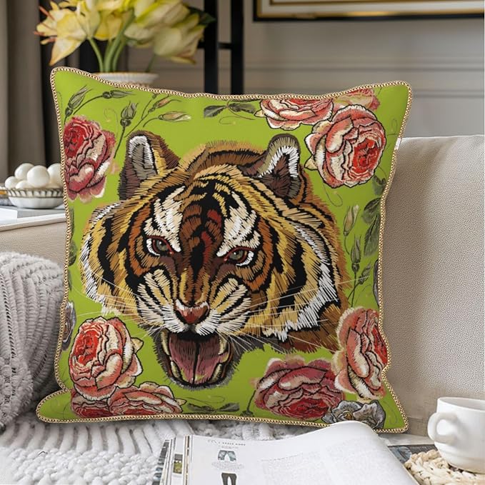 Tiger Flower Green Velvet Pillow Covers 18x18 Inch Pink Floral Animal Throw Pillows for Couch Cushion Covers Pillowcase Farmhouse Modern Pillow Cases for Sofa Bed Living Room Bedroom
