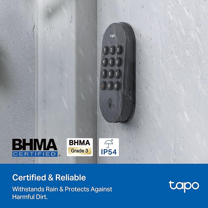 Tapo Smart Wi-Fi Deadbolt Door Lock – Keyless Tactile Buttons, Customized Access with in-App Monitoring, Auto-Lock, IP54 Weatherproof, BHMA Grade 3, Compatible with Standard Door Sizes, Tapo DL100